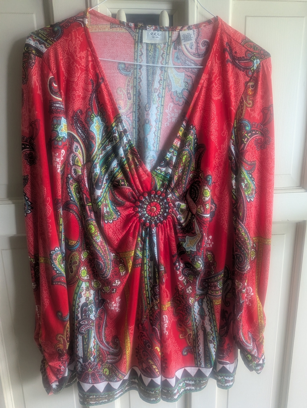eci New York red Paisley V-Neck Blouse with Embellished center